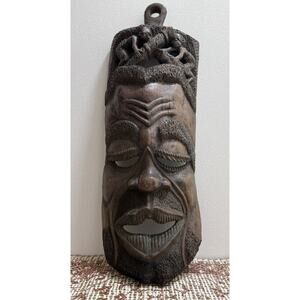 Vintage African Huge Solid Hand Carved Wood Tribal Wall Hanging Face Mask 30”.